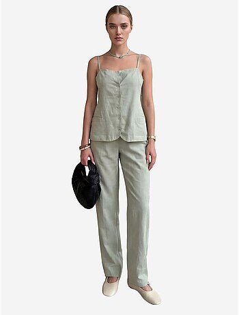 Ensemble coordonné deux pièces à jambes larges, col en v et boutons, my fashion