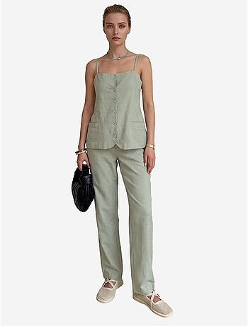 Ensemble coordonné deux pièces à jambes larges, col en v et boutons, my fashion