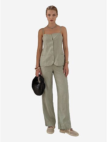 Ensemble coordonné deux pièces à jambes larges, col en v et boutons, my fashion