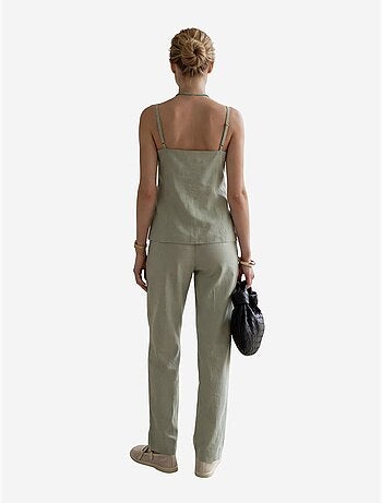 Ensemble coordonné deux pièces à jambes larges, col en v et boutons, my fashion