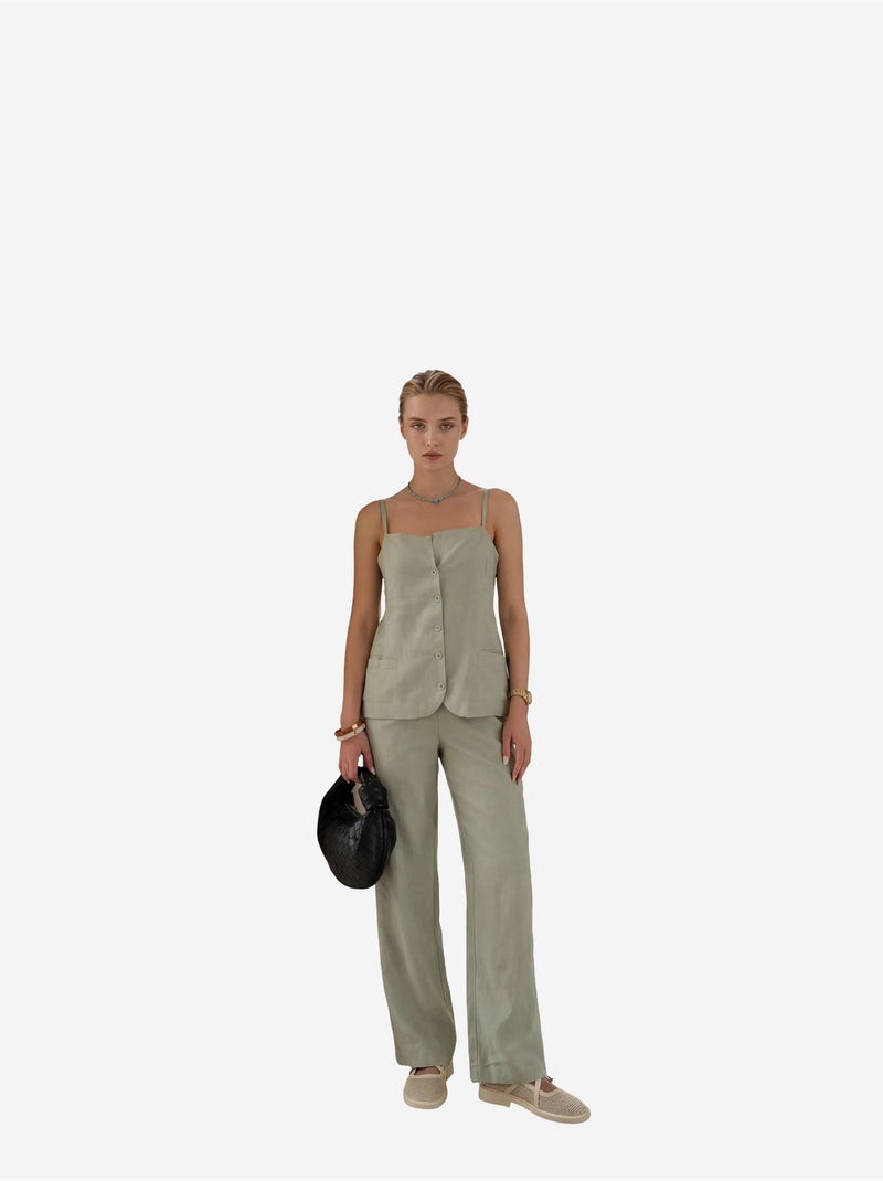 Ensemble coordonné deux pièces à jambes larges, col en v et boutons, my fashion Vert pastel - Kiabi