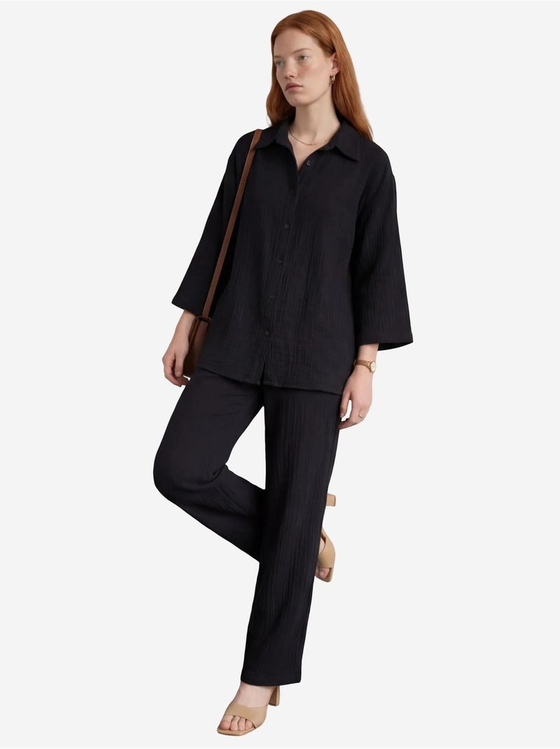 Ensemble coordonné deux pièces en coton tissé avec fermeture à boutons my fashion Noir - Kiabi