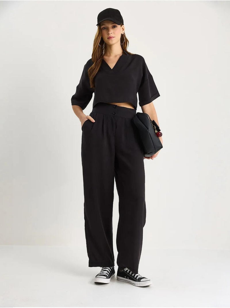 Ensemble coordonné deux pièces en maille à col v et pantalon à jambes larges lucci Noir - Kiabi