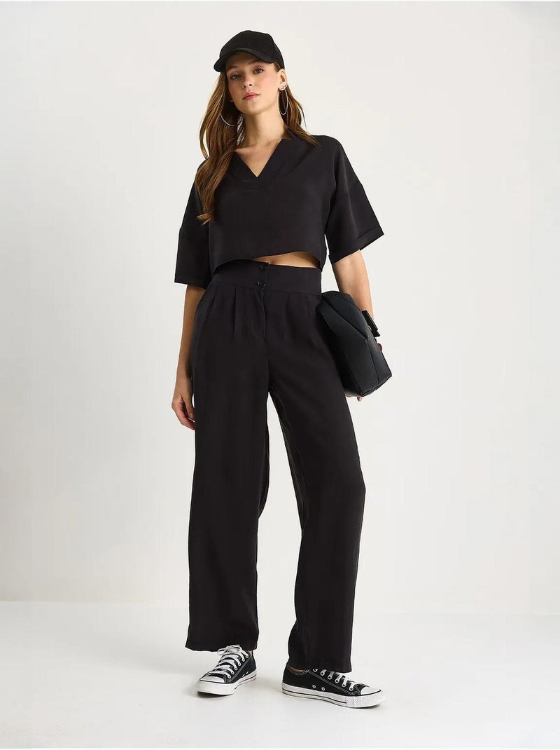 Ensemble coordonné deux pièces en maille à col v et pantalon à jambes larges lucci Noir - Kiabi