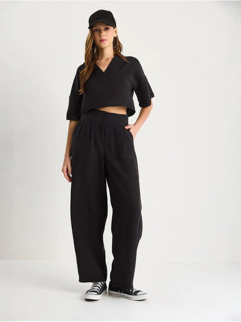 Ensemble coordonné deux pièces en maille à col v et pantalon à jambes larges lucci Noir - Kiabi