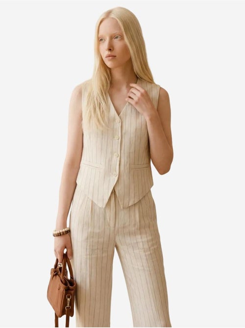 Ensemble coordonné deux pièces rayé taille haute, col en v et jambes larges my fashion - Kiabi
