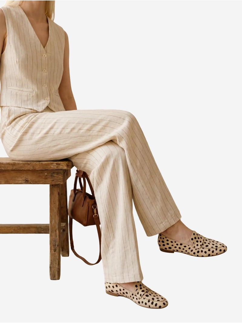 Ensemble coordonné deux pièces rayé taille haute, col en v et jambes larges my fashion Beige argile - Kiabi