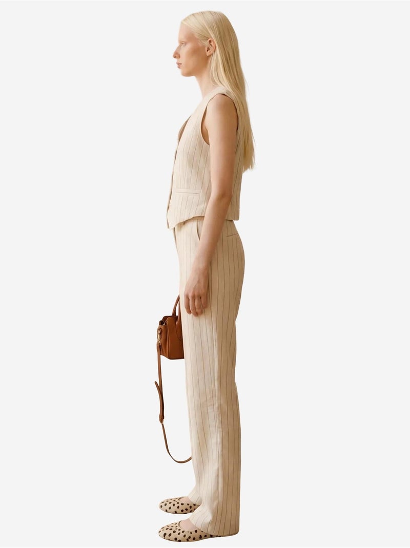 Ensemble coordonné deux pièces rayé taille haute, col en v et jambes larges my fashion Beige argile - Kiabi