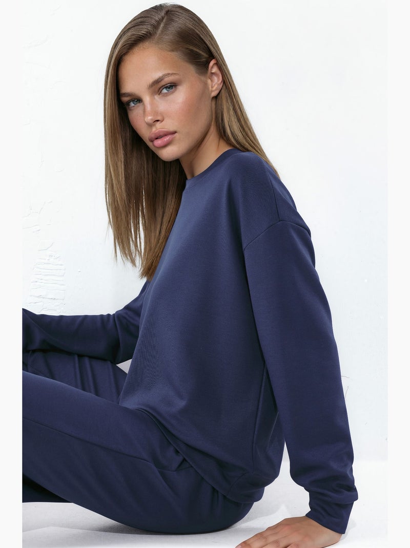 Ensemble coordonné deux pièces taille haute jambes larges en modal hiccup Bleu marine - Kiabi