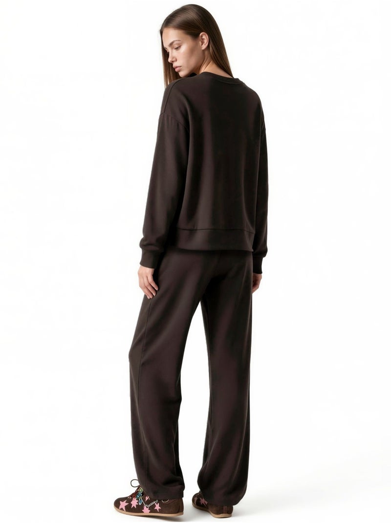 Ensemble coordonné deux pièces taille haute jambes larges en modal hiccup Marron chocolat - Kiabi