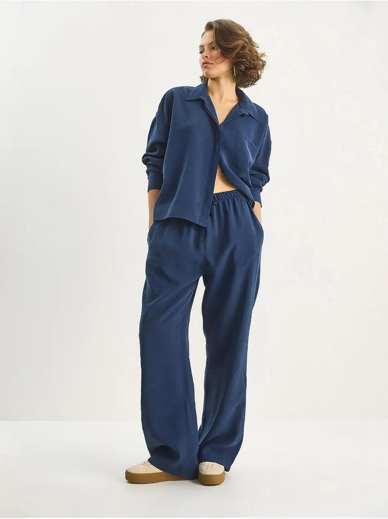 Ensemble coordonné deux pièces taille haute jambes larges lucci Bleu marine - Kiabi