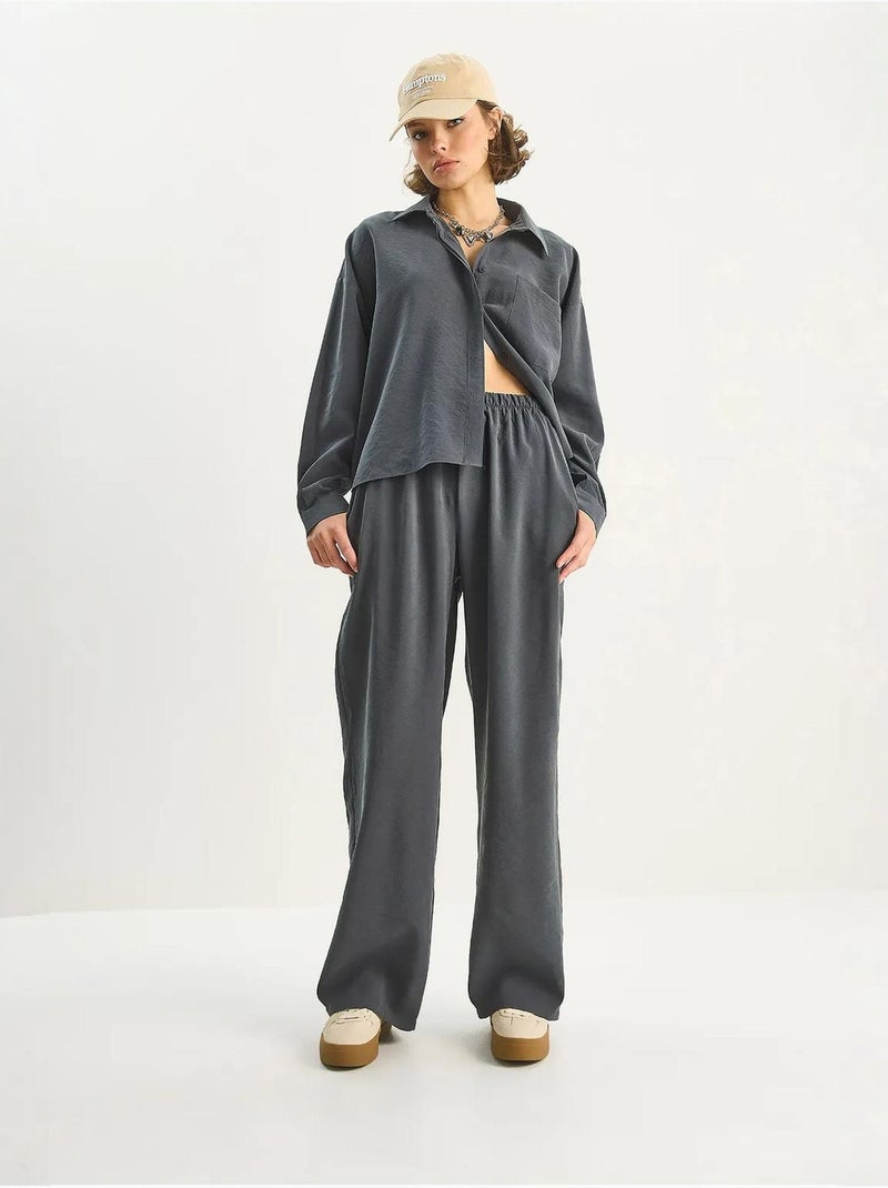 Ensemble coordonné deux pièces taille haute jambes larges lucci Gris Noir - Kiabi