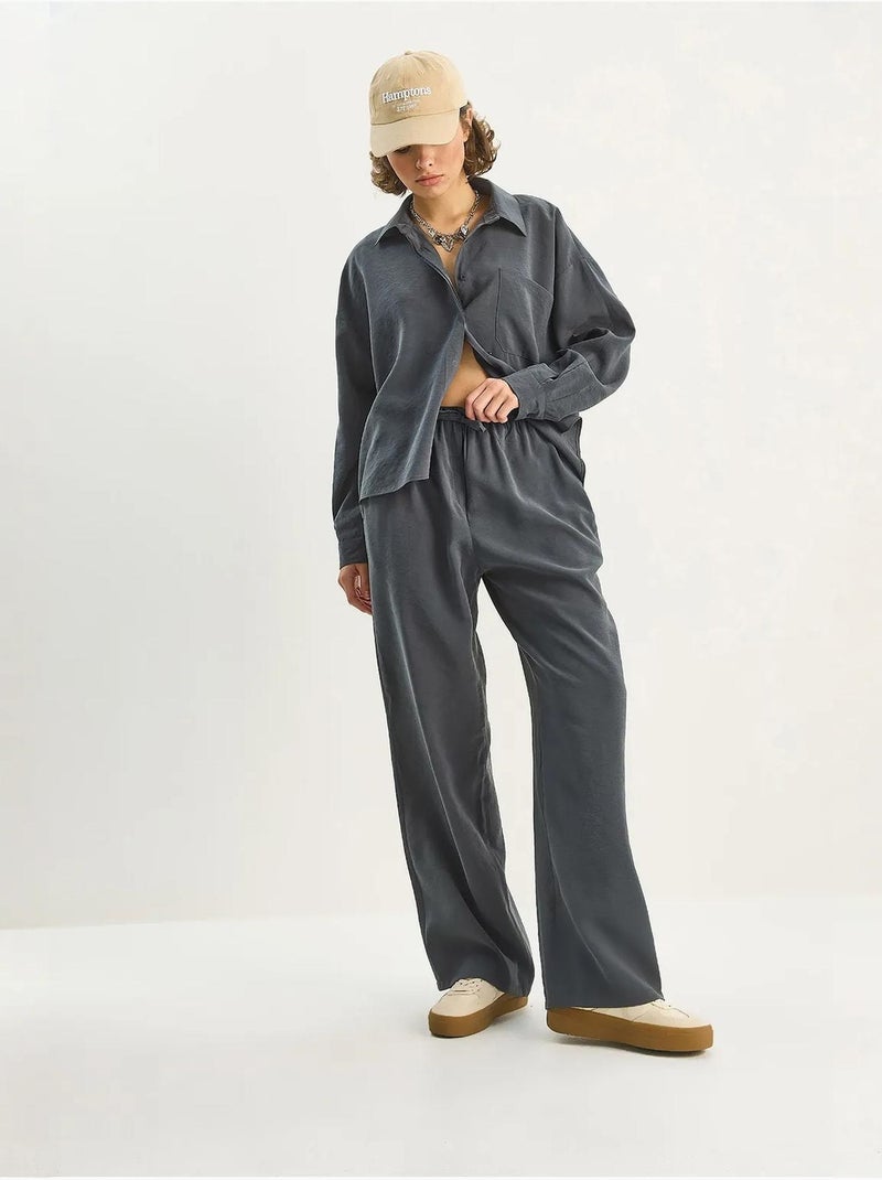 Ensemble coordonné deux pièces taille haute jambes larges lucci Gris Noir - Kiabi