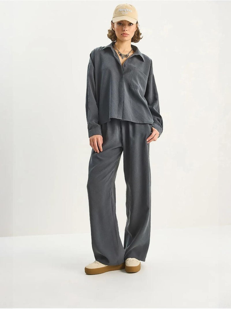 Ensemble coordonné deux pièces taille haute jambes larges lucci Gris Noir - Kiabi