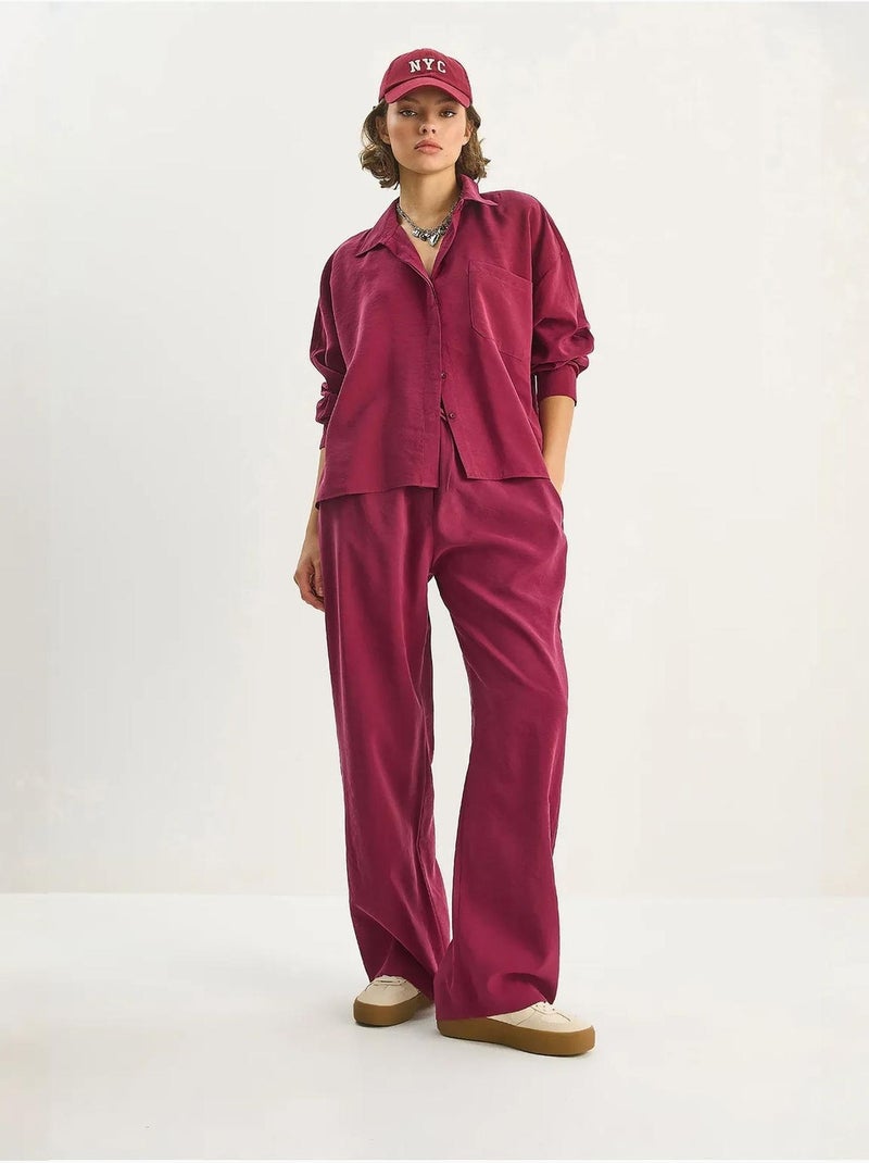 Ensemble coordonné deux pièces taille haute jambes larges lucci Rouge bordeaux - Kiabi