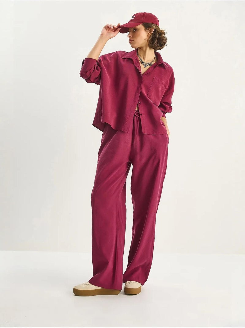 Ensemble coordonné deux pièces taille haute jambes larges lucci Rouge bordeaux - Kiabi