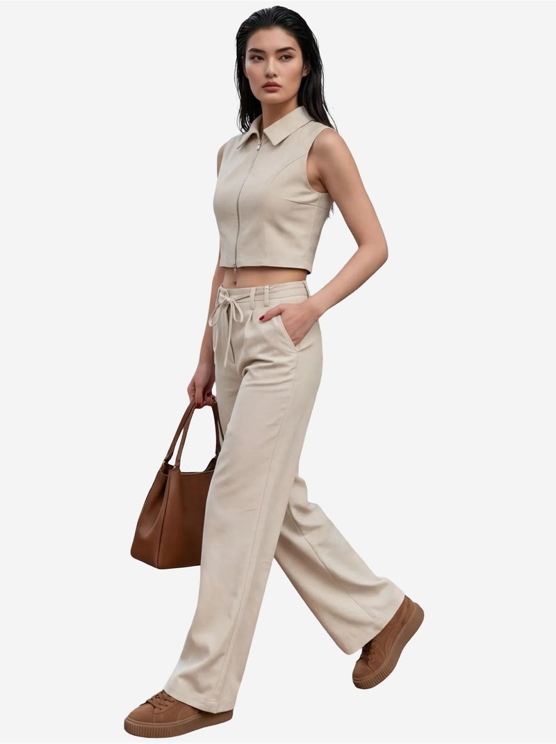 Ensemble coordonné deux pièces taille haute jambes larges my fashion Beige argile - Kiabi