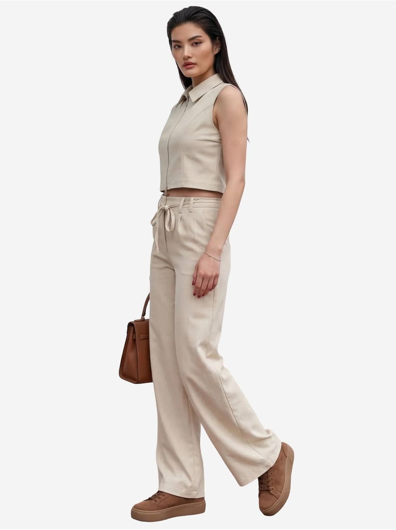 Ensemble coordonné deux pièces taille haute jambes larges my fashion Beige argile - Kiabi