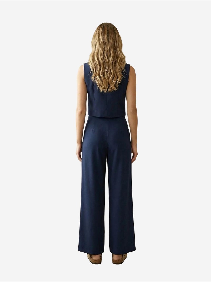 Ensemble coordonné deux pièces taille haute jambes larges my fashion Bleu marine - Kiabi