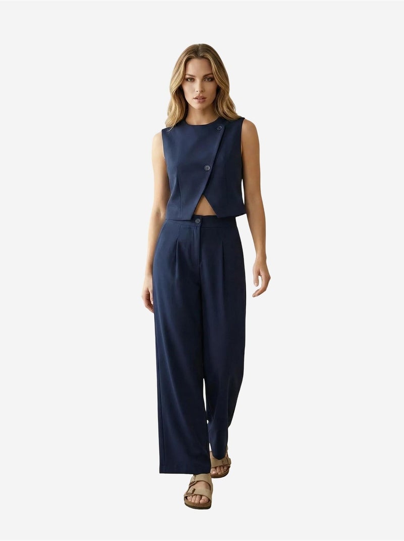 Ensemble coordonné deux pièces taille haute jambes larges my fashion Bleu marine - Kiabi