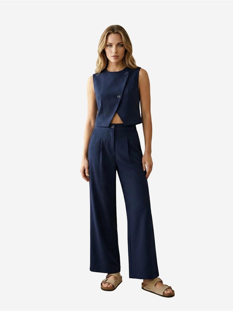 Ensemble coordonné deux pièces taille haute jambes larges my fashion Bleu marine - Kiabi