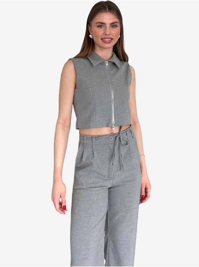 Ensemble coordonné deux pièces taille haute jambes larges my fashion Gris - Kiabi