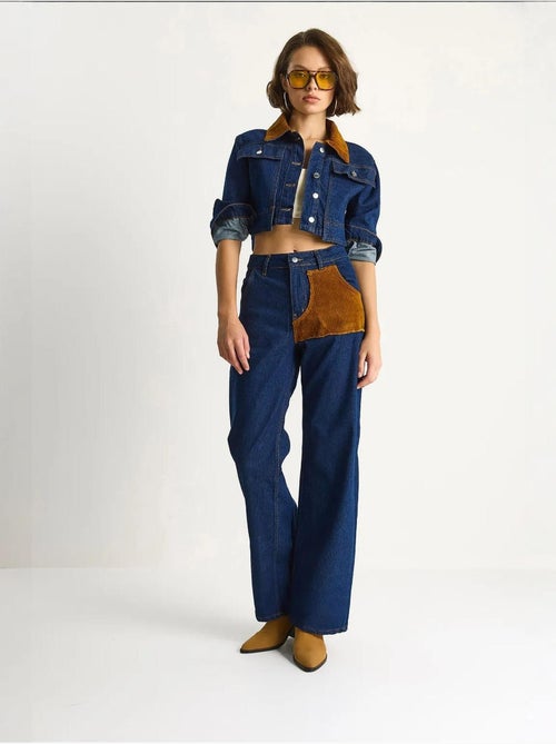 Ensemble coordonné en jean taille haute avec col chemise lucci - Kiabi