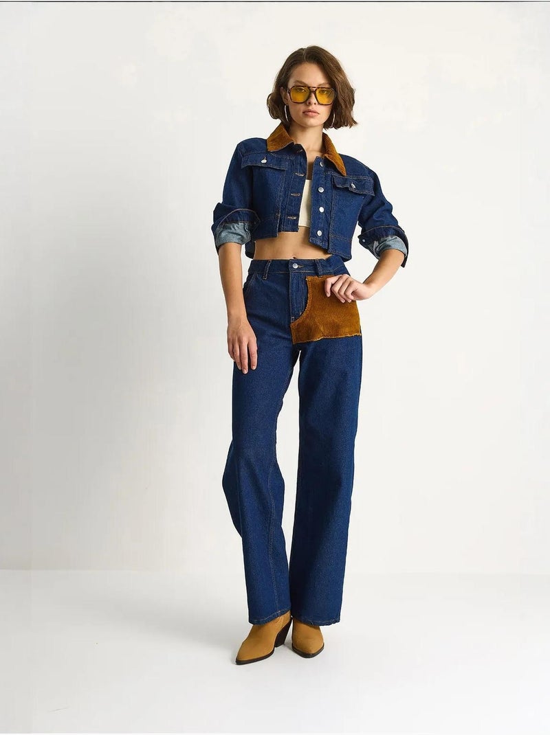 Ensemble coordonné en jean taille haute avec col chemise lucci Bleu marine - Kiabi