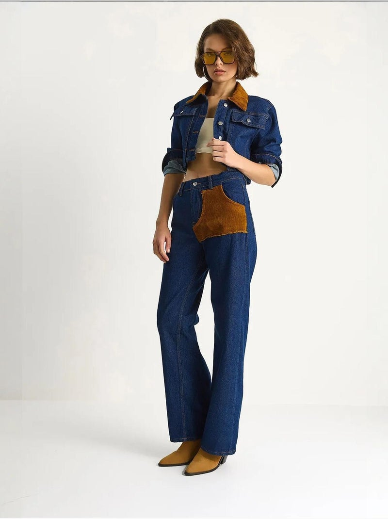 Ensemble coordonné en jean taille haute avec col chemise lucci Bleu marine - Kiabi