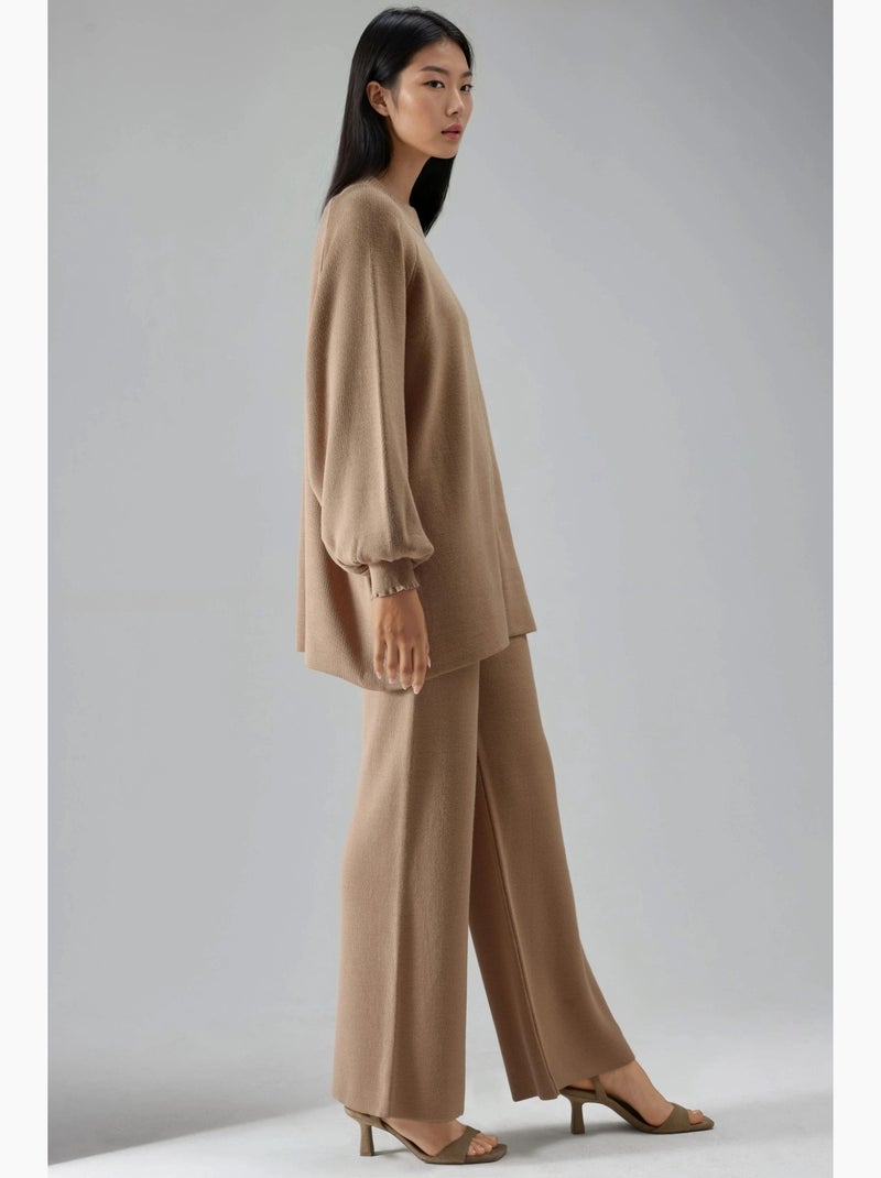 Ensemble coordonné en maille côtelée à col rond my fashion Camel - Kiabi
