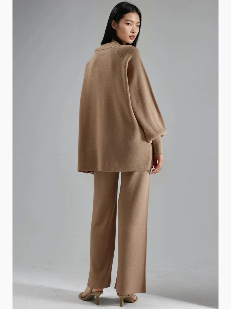 Ensemble coordonné en maille côtelée à col rond my fashion Camel - Kiabi