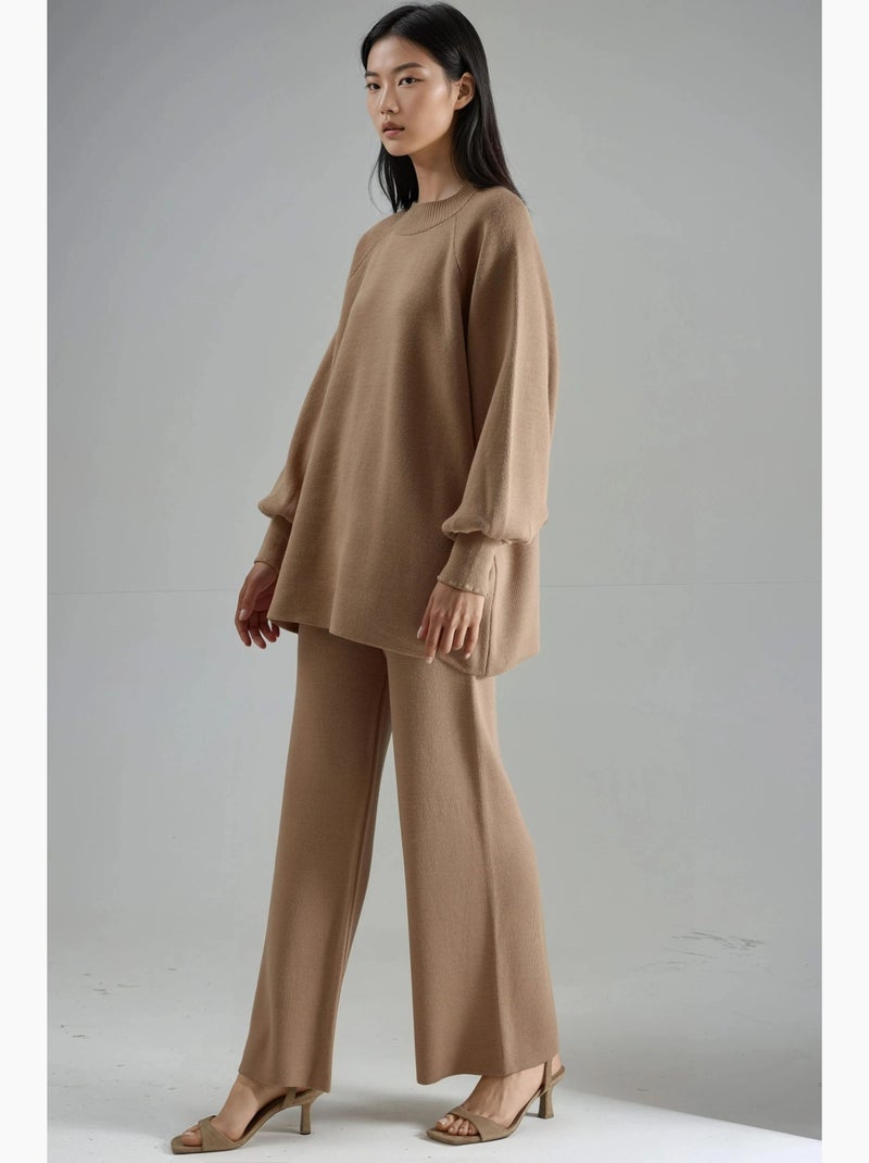 Ensemble coordonné en maille côtelée à col rond my fashion Camel - Kiabi