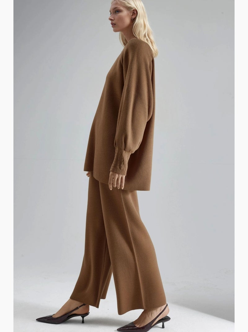 Ensemble coordonné en maille côtelée à col rond my fashion Marron chocolat - Kiabi