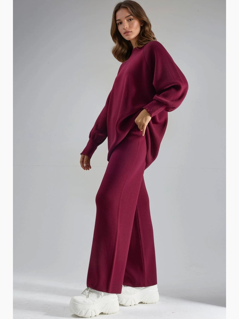 Ensemble coordonné en maille côtelée à col rond my fashion Rouge bordeaux - Kiabi