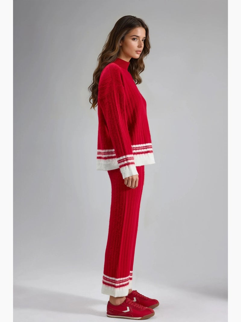 Ensemble coordonné en maille côtelée rayée avec col roulé court my fashion Rouge - Kiabi