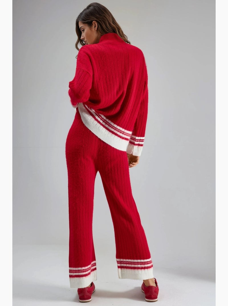 Ensemble coordonné en maille côtelée rayée avec col roulé court my fashion Rouge - Kiabi
