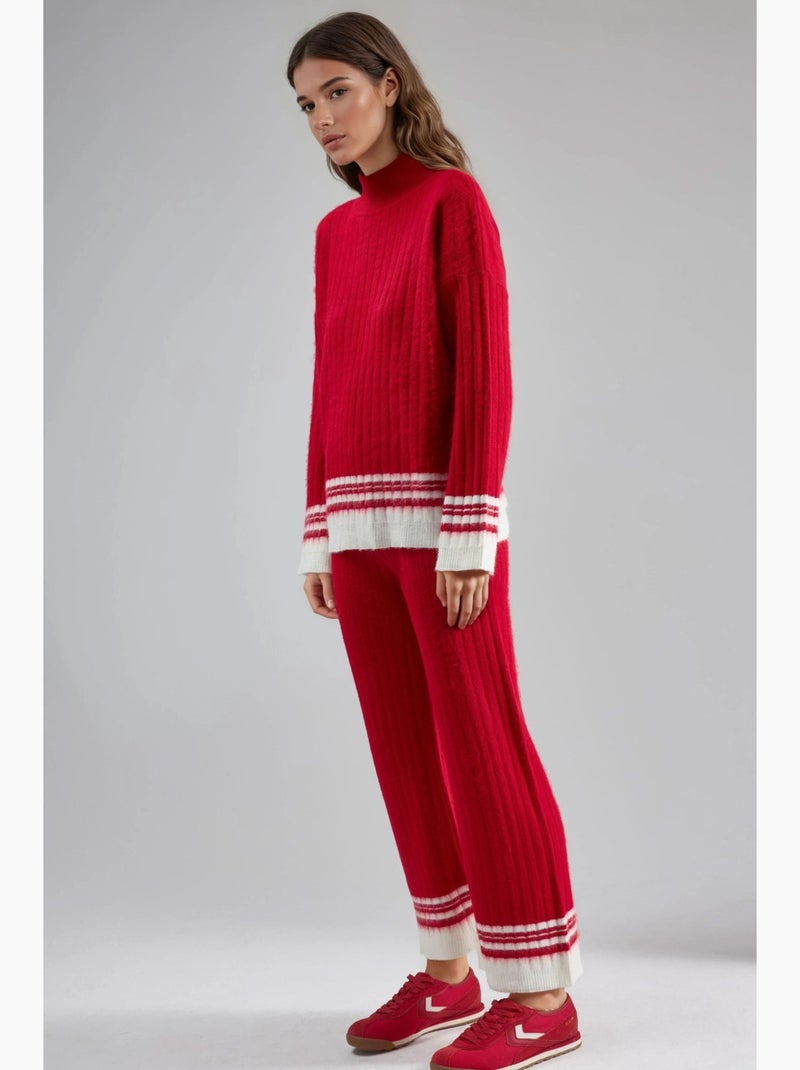 Ensemble coordonné en maille côtelée rayée avec col roulé court my fashion Rouge - Kiabi
