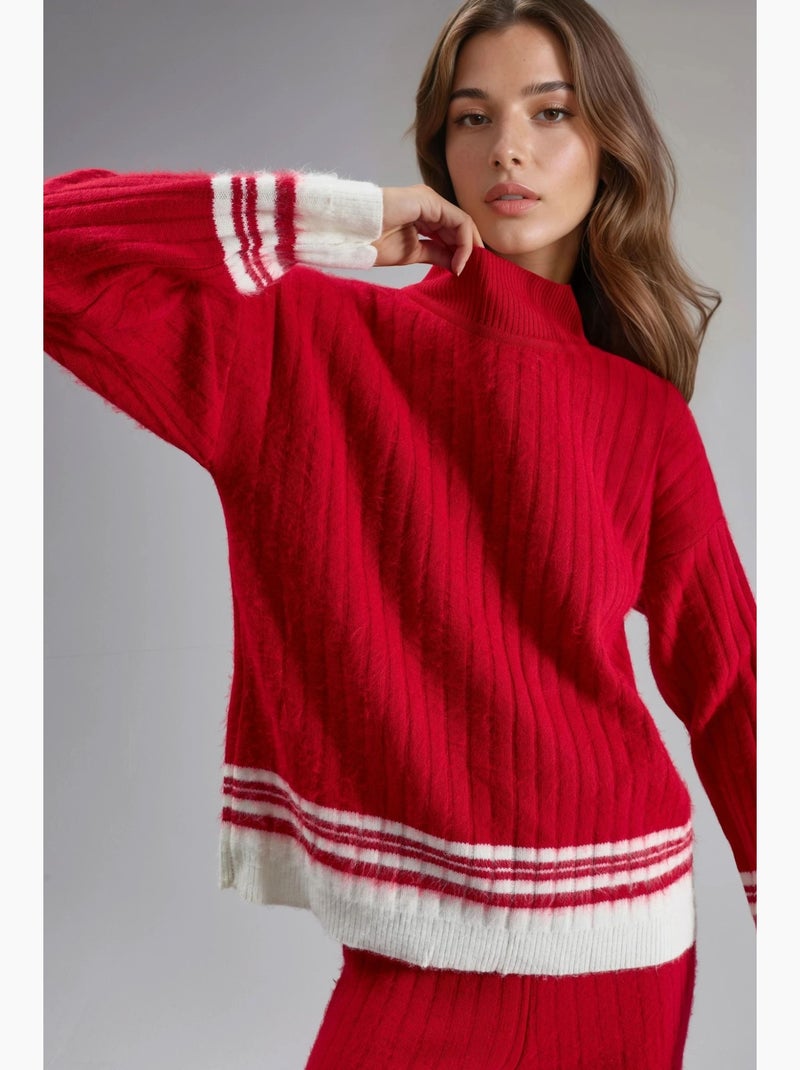 Ensemble coordonné en maille côtelée rayée avec col roulé court my fashion Rouge - Kiabi