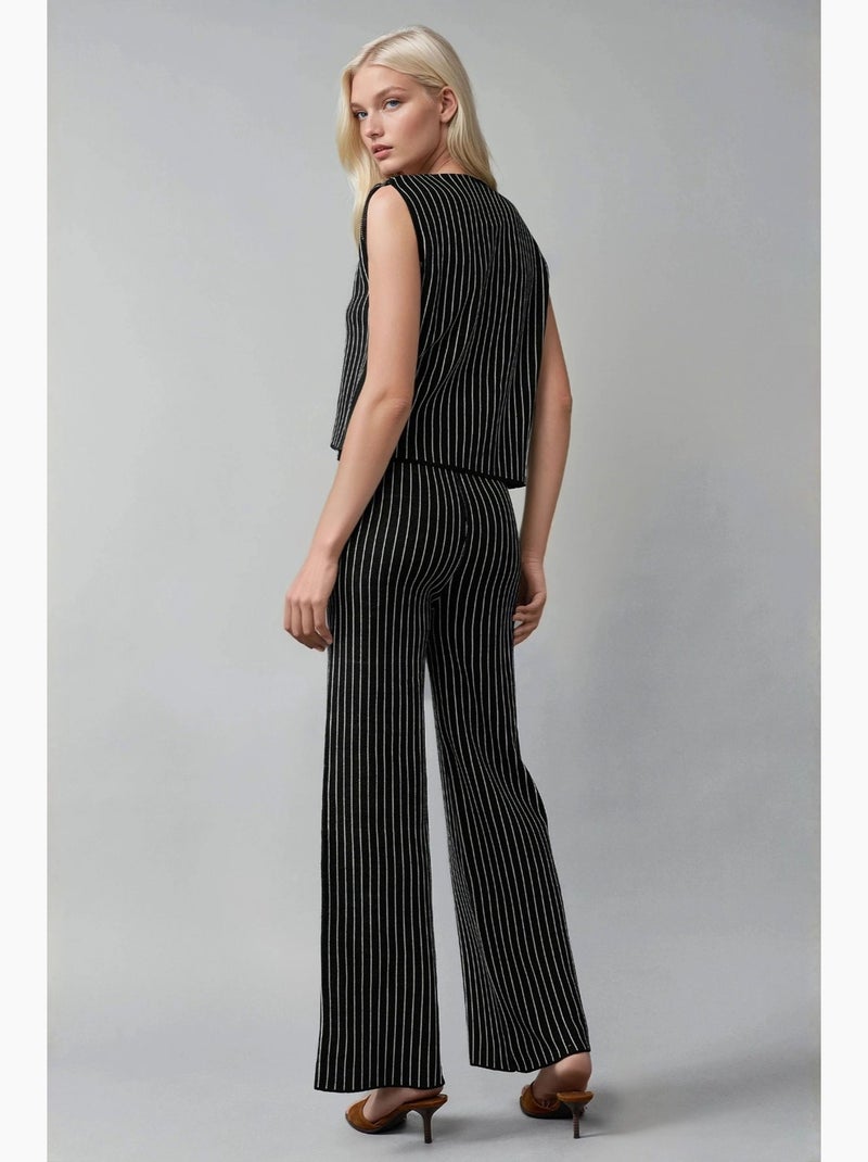 Ensemble coordonné en maille rayée ajustée avec col en v et pantalon à jambes larges my fashion Noir - Kiabi