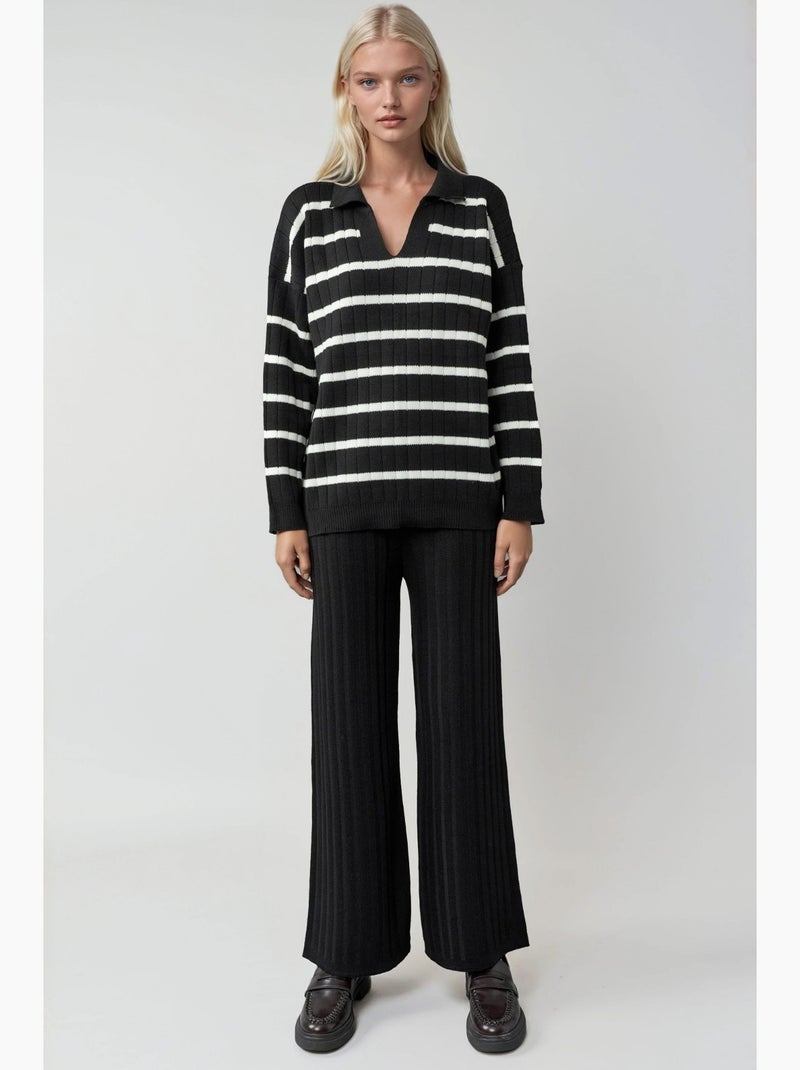 Ensemble coordonné en maille rayée avec col polo my fashion Noir - Kiabi