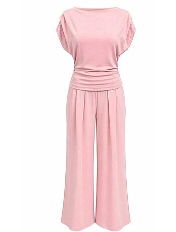Ensemble coordonné en maille taille haute à jambe large avec encolure bateau mixray