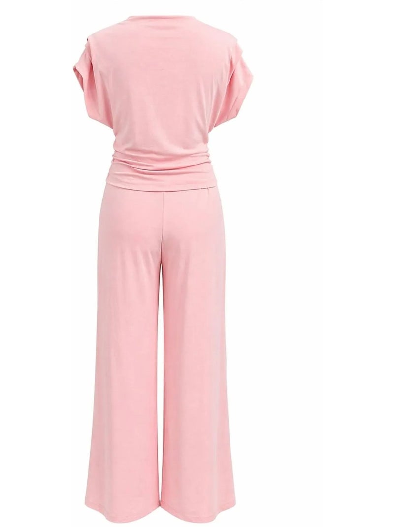 Ensemble coordonné en maille taille haute à jambe large avec encolure bateau mixray Rose pâle - Kiabi