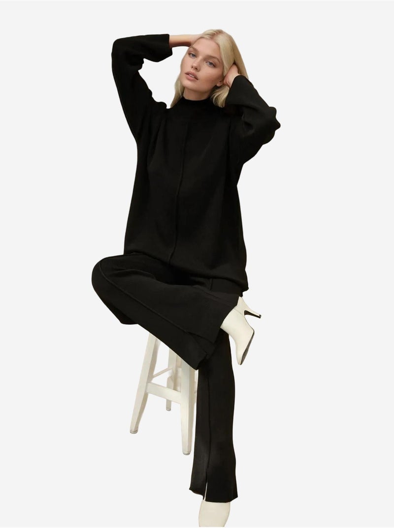 Ensemble coordonné en tricot à taille haute et jambes larges Noir - Kiabi