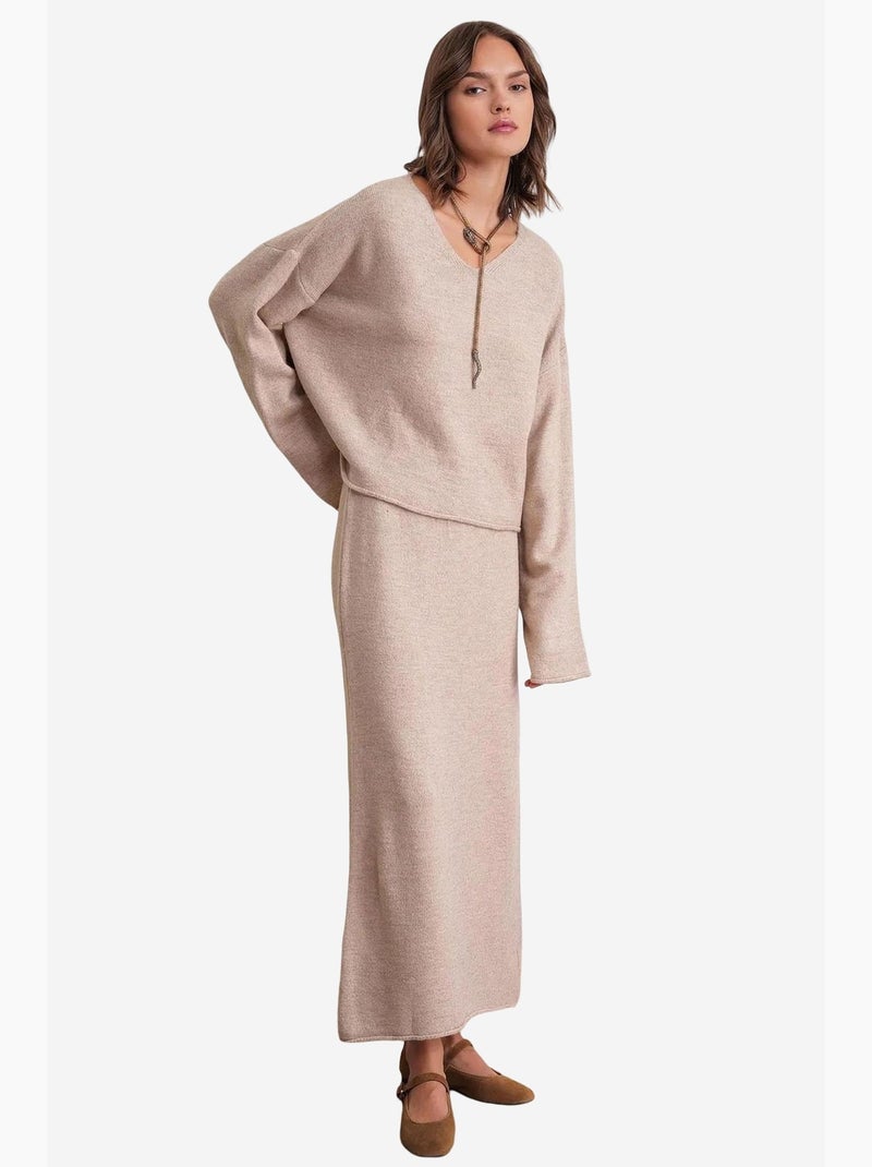 Ensemble coordonné en tricot côtelé à col en v mixray Beige argile - Kiabi