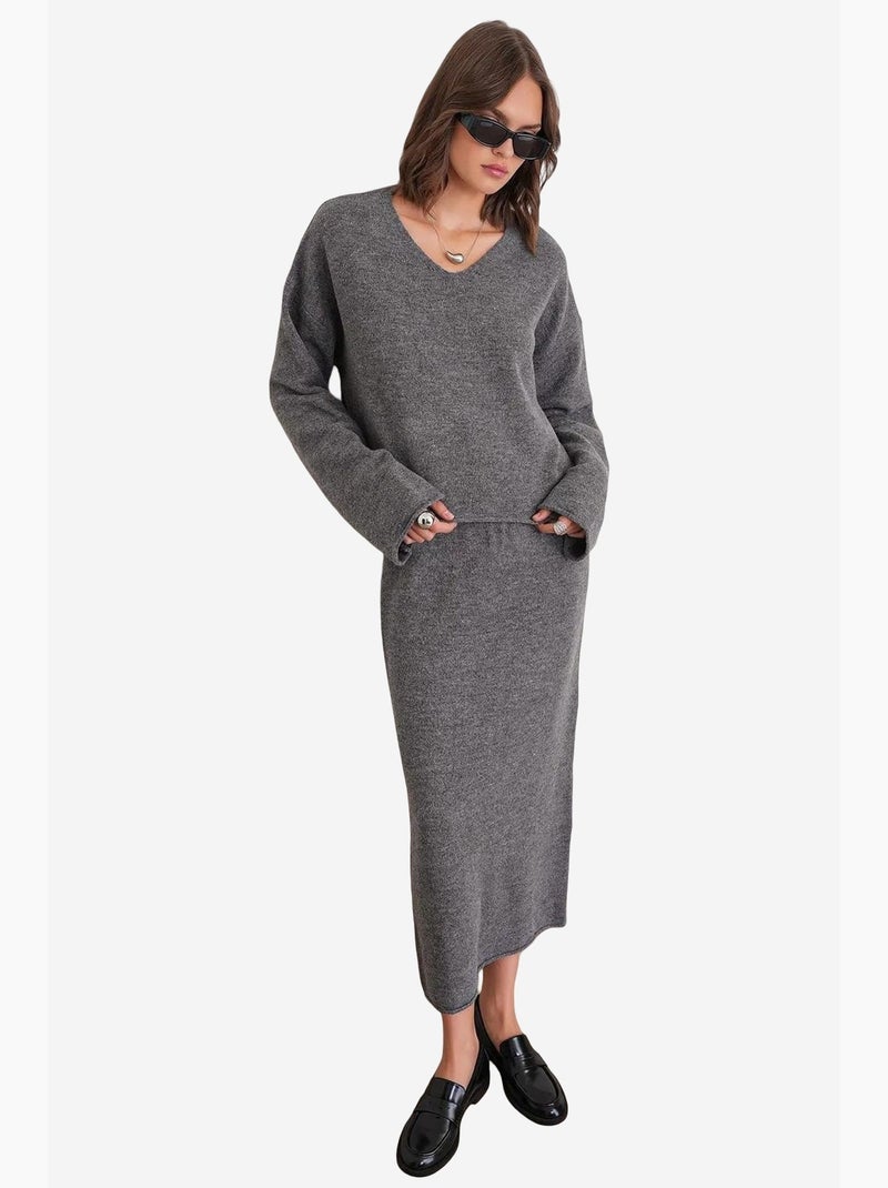 Ensemble coordonné en tricot côtelé à col en v mixray Gris foncé - Kiabi
