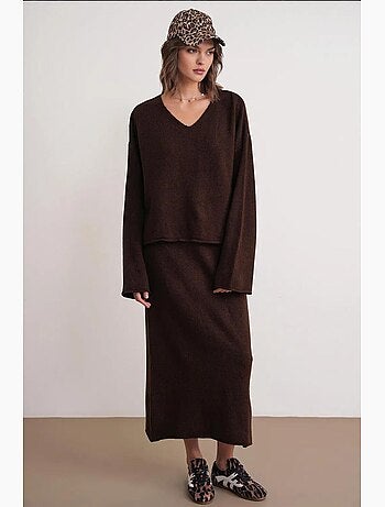 Ensemble coordonné en tricot côtelé à col en v mixray