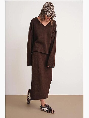 Ensemble coordonné en tricot côtelé à col en v mixray
