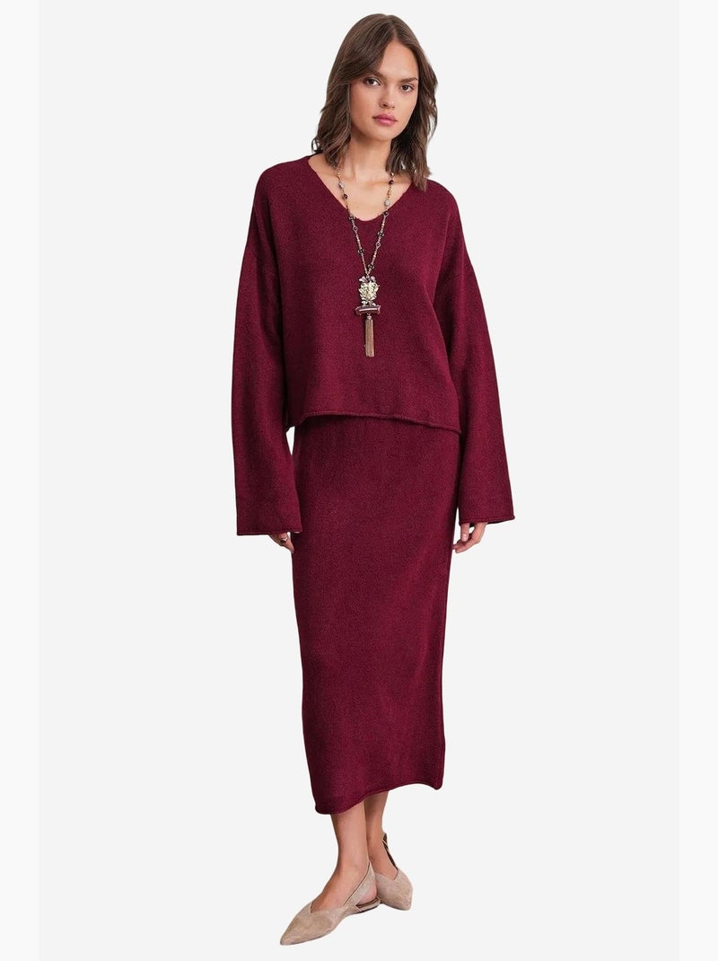 Ensemble coordonné en tricot côtelé à col en v mixray Rouge bordeaux - Kiabi