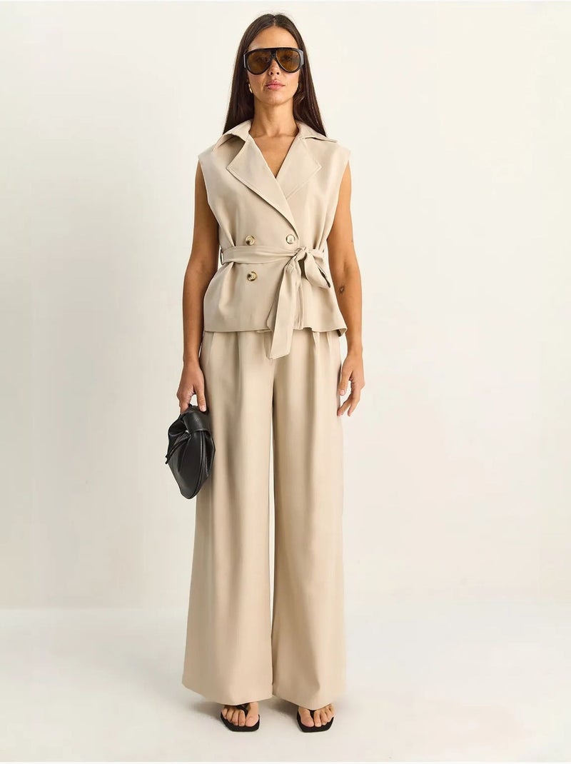 Ensemble coordonné taille haute à jambe large avec col châle lucci Beige argile - Kiabi