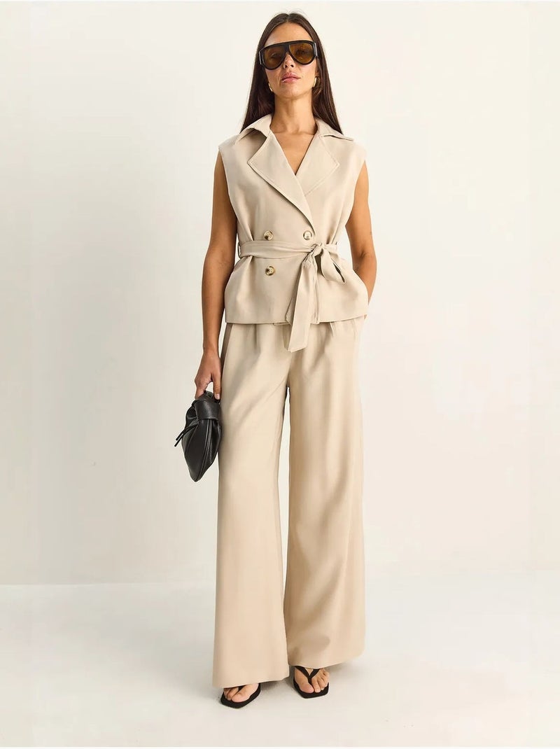 Ensemble coordonné taille haute à jambe large avec col châle lucci Beige argile - Kiabi